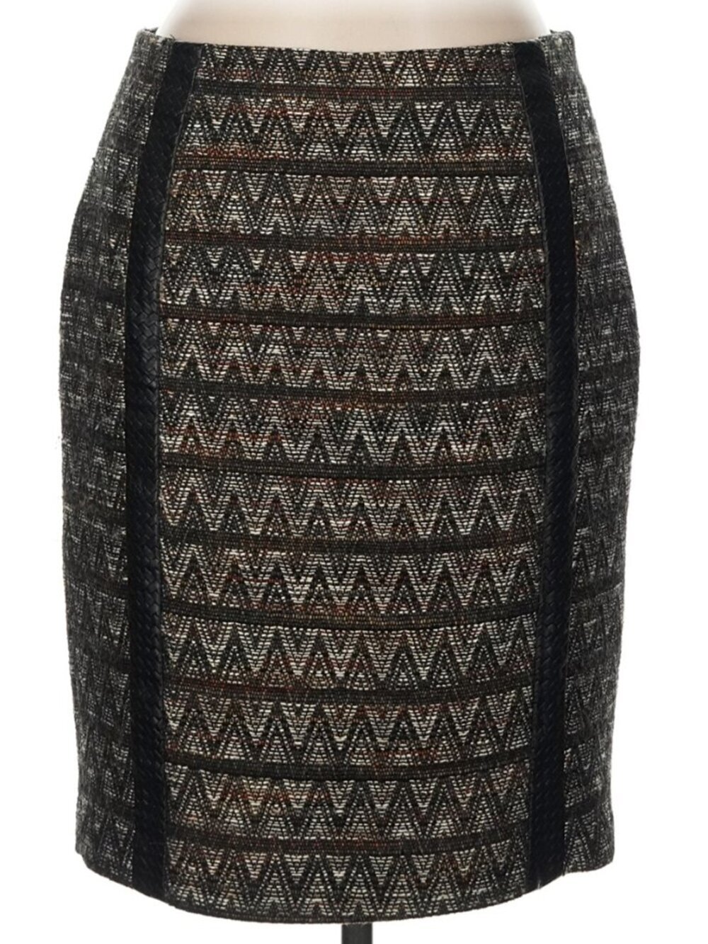Trina Turk Brown Wool Blend Ikat Print Faux Leather Contrast Pencil Skirt Size 6